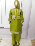 3-Piece Embroidered Doria Lawn Suit with Separate Koti Olive Green
