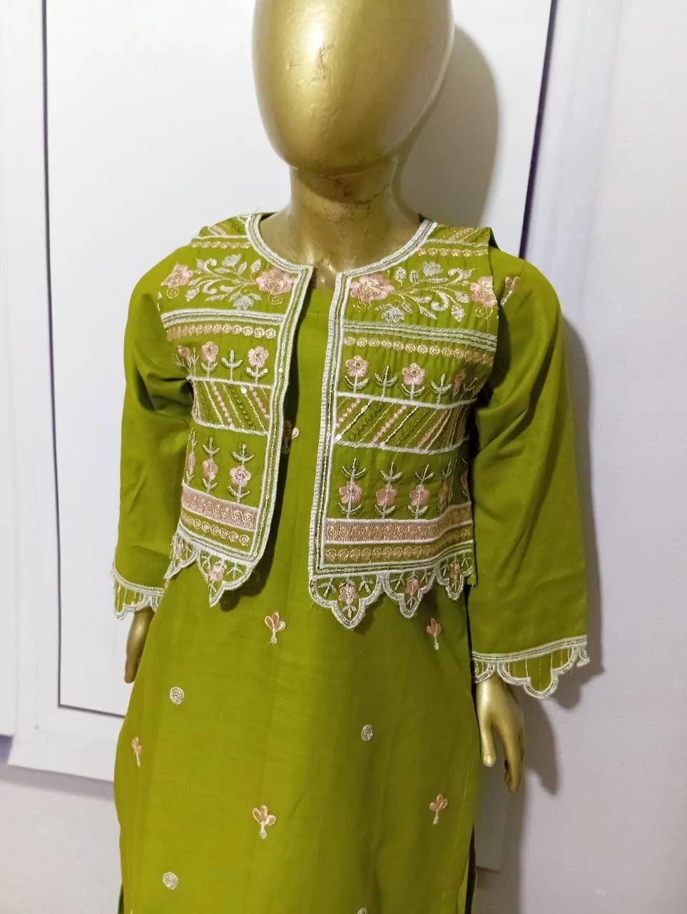 3-Piece Embroidered Doria Lawn Suit with Separate Koti Olive Green
