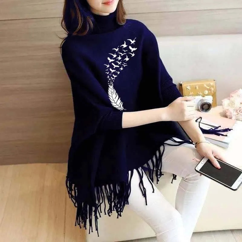 Women’s Bat-Wing Style Printed Fleece Poncho – Free Size Winter Wear