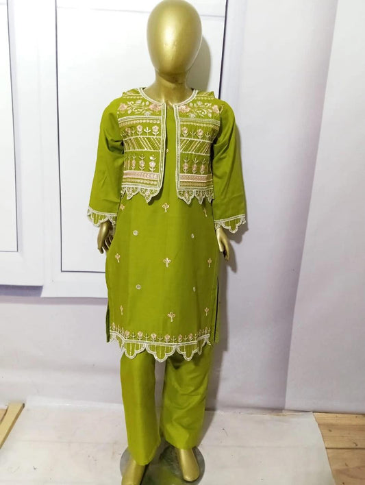 3-Piece Embroidered Doria Lawn Suit with Separate Koti Olive Green