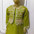 3-Piece Embroidered Doria Lawn Suit with Separate Koti Olive Green