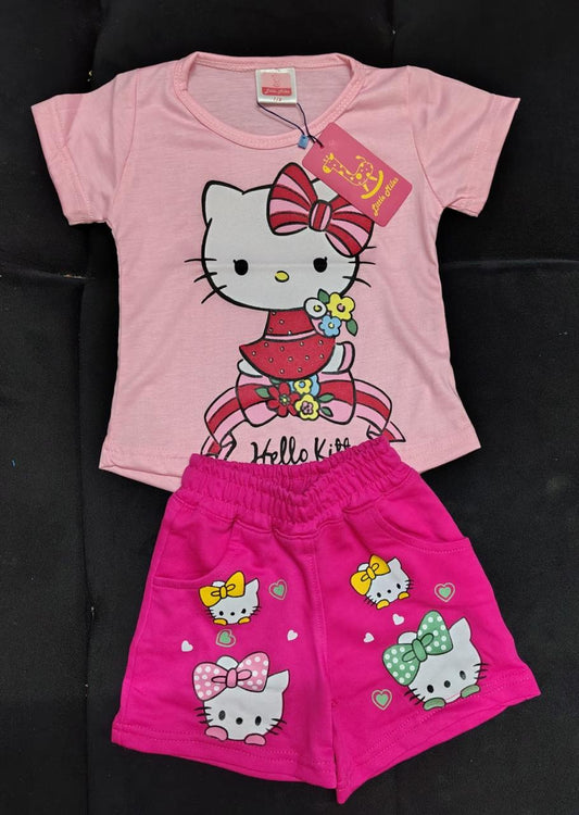 Cute Kitty Printed Summer Outfit (T-Shirt & Shorts Set)