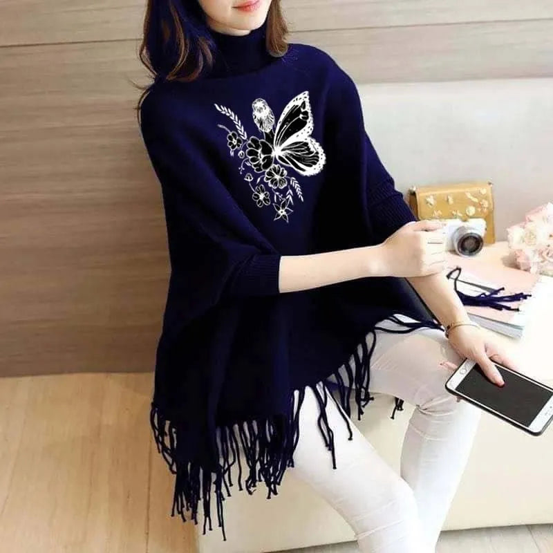 Women’s Bat-Wing Style Printed Fleece Poncho – Free Size Winter Wear