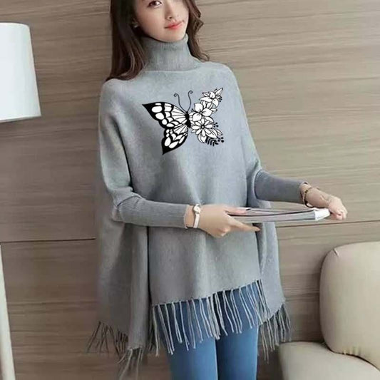 Women’s Bat-Wing Style Printed Fleece Poncho – Free Size Winter Wear