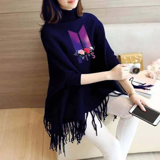 Women’s Bat-Wing Style Printed Fleece Poncho – Free Size Winter Wear