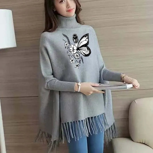 Women’s Bat-Wing Style Printed Fleece Poncho – Free Size Winter Wear