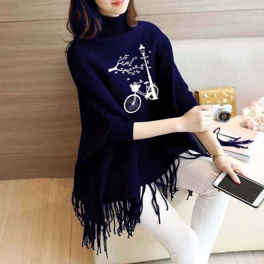Women’s Bat-Wing Style Printed Fleece Poncho – Free Size Winter Wear