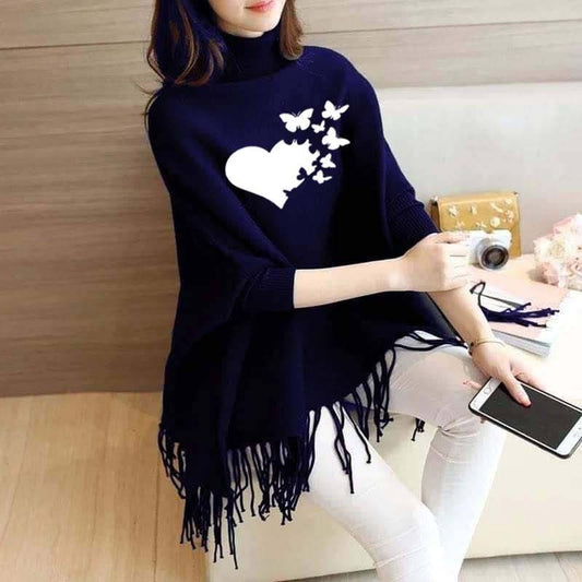 Women’s Bat-Wing Style Printed Fleece Poncho – Free Size Winter Wear