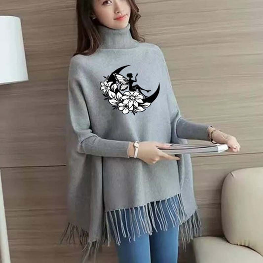 Women’s Bat-Wing Style Printed Fleece Poncho – Free Size Winter Wear