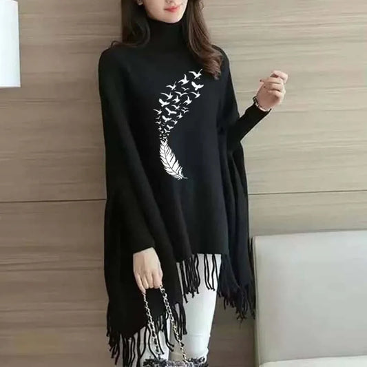 Women’s Bat-Wing Style Printed Fleece Poncho – Free Size Winter Wear