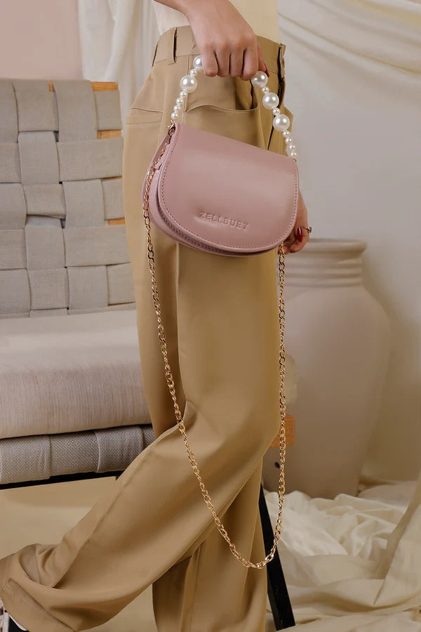Zellbury Mini Luxe Crossbody Bag – Pearl Handle & Gold Chain | Women’s Fashion Purse